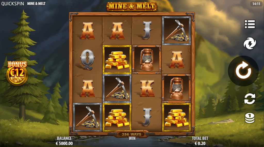 Mine & Melt base game on four reels with 256 ways