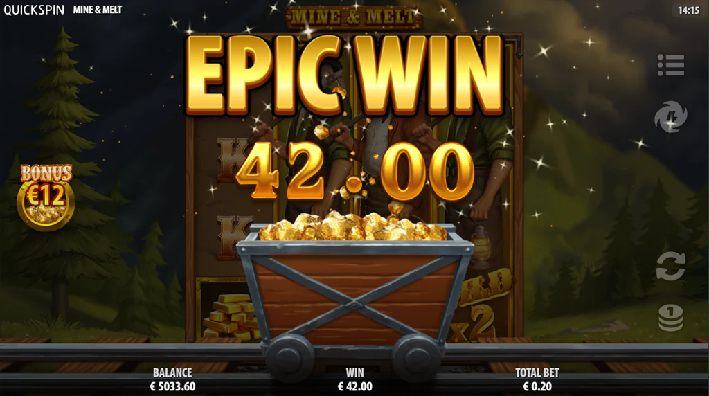 Mine & Melt Epic Win presentation with a gold-filled mine cart