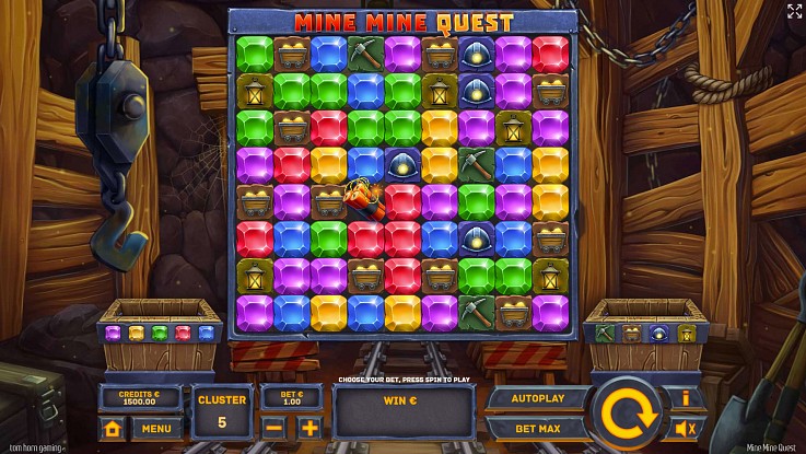 Mine Mine Quest डेमो: ग्रिड और कलेक्शन कार्ट Mine Mine Quest बेस गेम, जिसमें नौ-कॉलम ग्रिड और दो कलेक्शन कार्ट दिखते हैं