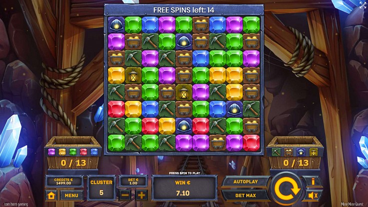 Mine Mine Quest Free Spins: 14 स्पिन बाकी Mine Mine Quest Free Spins स्क्रीन, जिसमें 14 स्पिन बाकी हैं