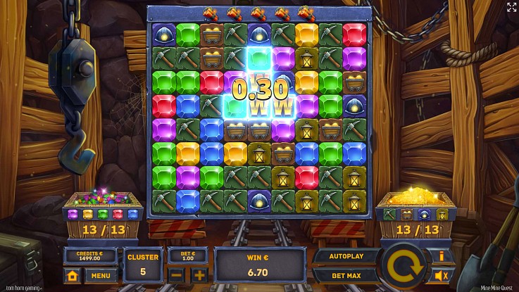 Mine Mine Quest Wild String फीचर Mine Mine Quest Wild String फीचर, जिसमें बोर्ड के बीच चमकते Wild सिंबल हैं
